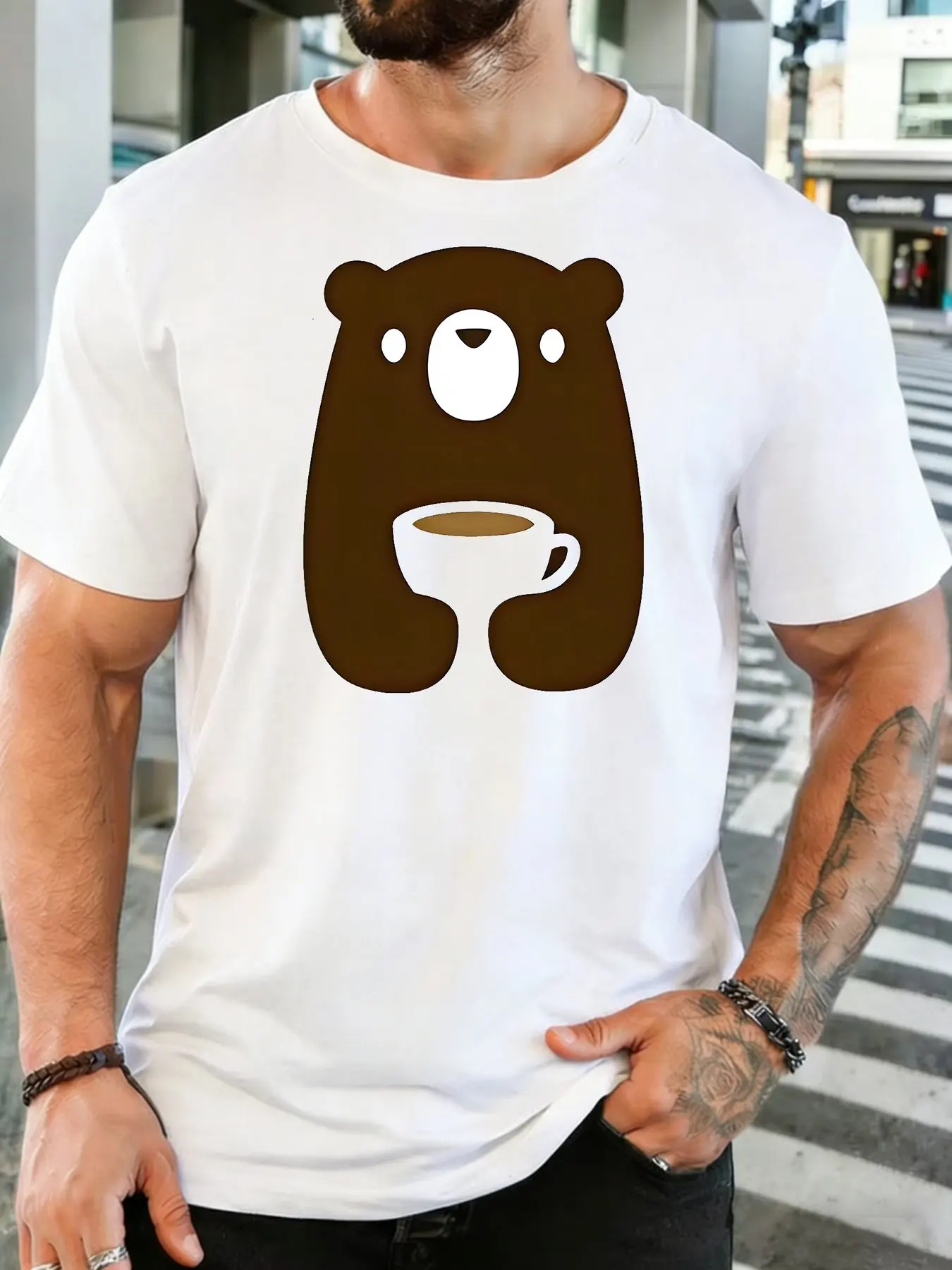 Male Bright Blue Round Neck T Shirt Cartoon Simple Bear With Hot Coffee Mug Graphic Morning Coffee Fan Daily Cotton Tee