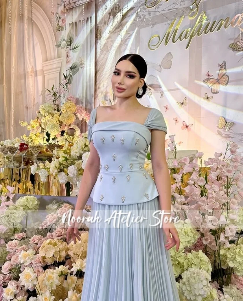 Azul Dubai Mangas Curtas Vestidos de Noite 2025 Vestido de Noiva Frisado Aline Vestido de Baile فساتmaveraVestido Formal Personalizado