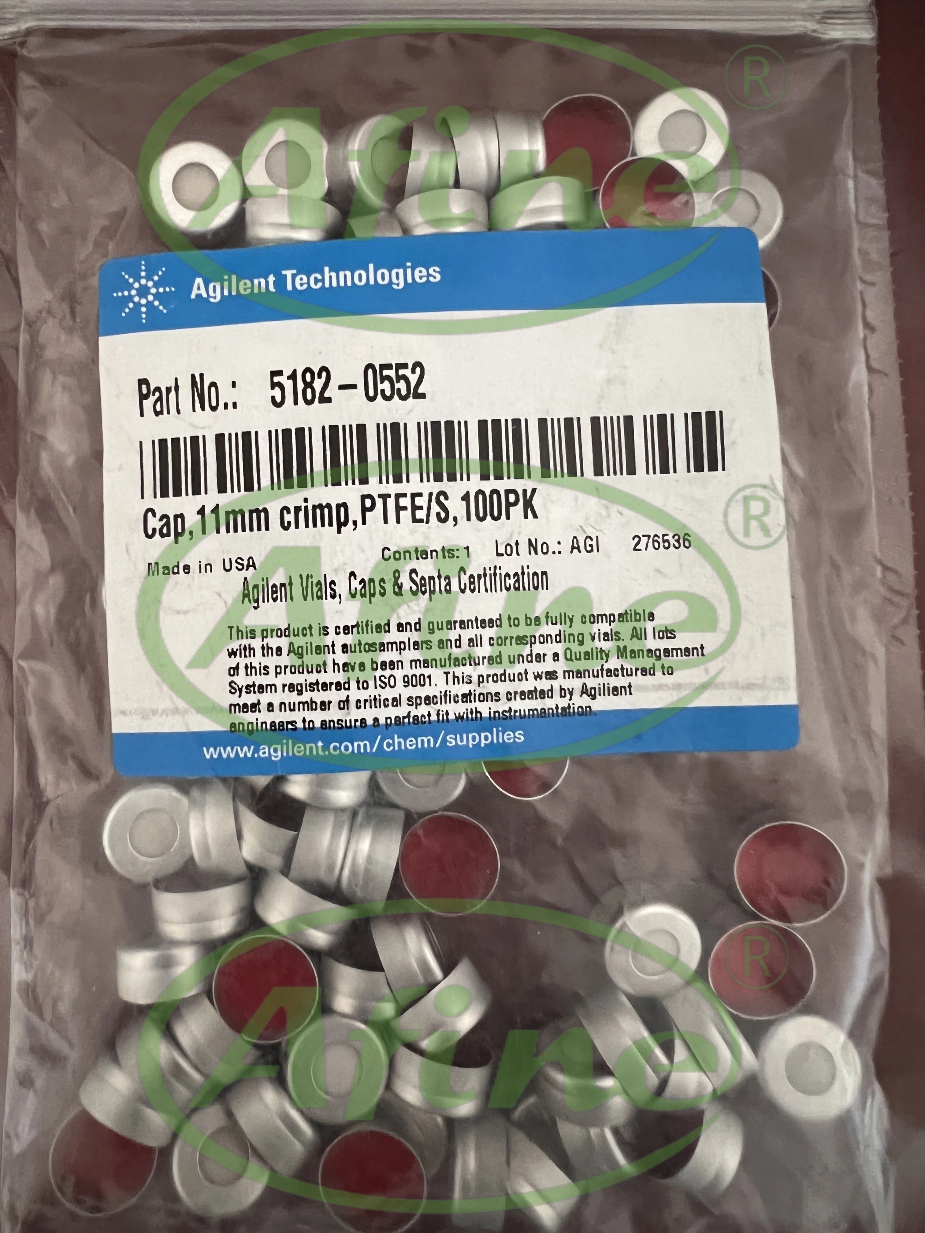 

AFINE Agilent 2 ml Crimp Top Caps: 5182-0552, Silver Aluminum, 11 mm, PTFE/Silicone Septa, 100/pk