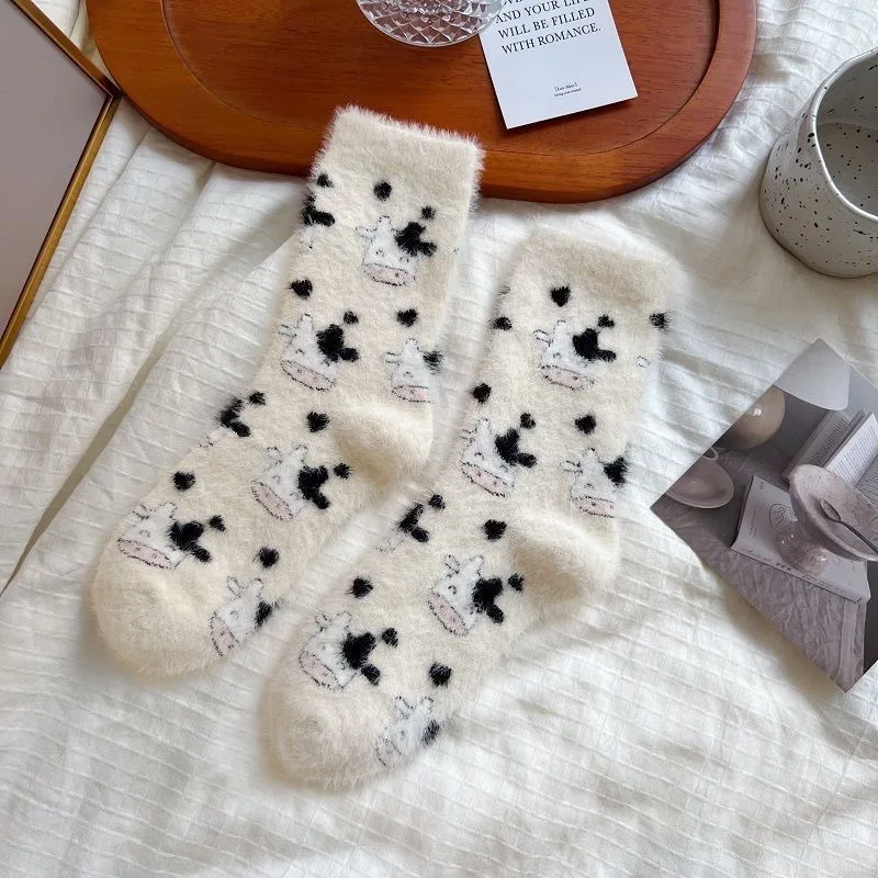 3/6 Paar Winter-Socken für Damen, niedliche Cartoon-Kuh-Socken aus Nerzvelours, weiche, mittelhohe Socken, flauschige, thermische, weiche Dinosaurier-Socken – Detail 7