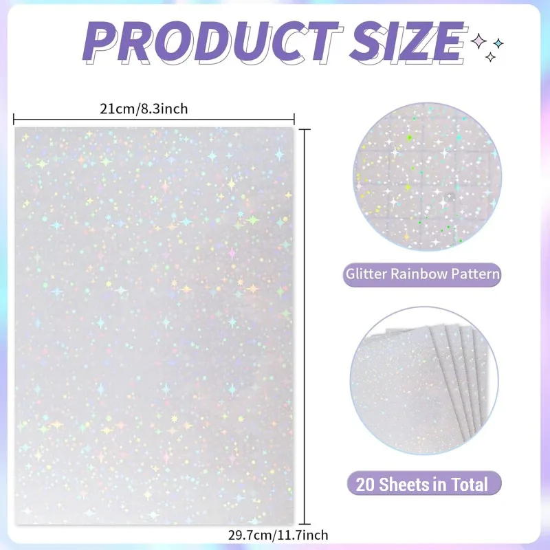 20 Sheets Holographic Sticker Paper A4 Clear Vinyl Self Adhesive Waterproof Transparent Laminating Sheets 11.7 x 8.3 Inch 5 Styl