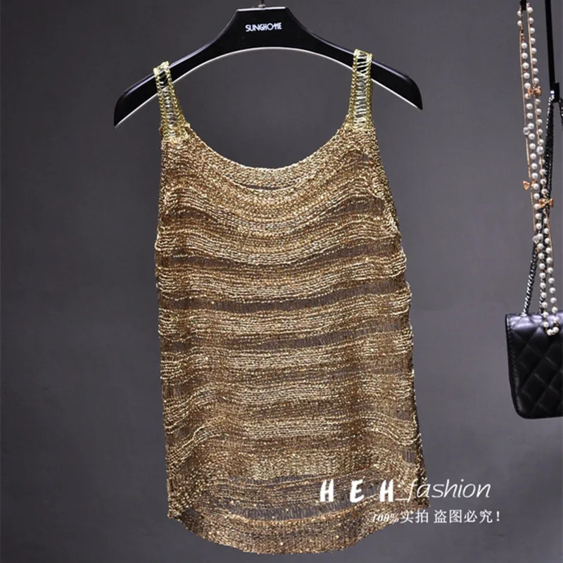 2024 new summer gold thread bright silk hollow camisole shiny thin sexy see-through top crop tops women 2020 tops for women