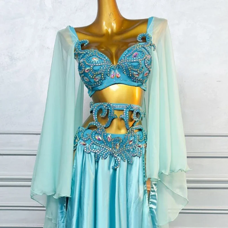 Women Luxury Rhinestone Elegant Chiffon Set Adult Oriental Belly Dancing Competition Outfit Belly Dance Performance Costume