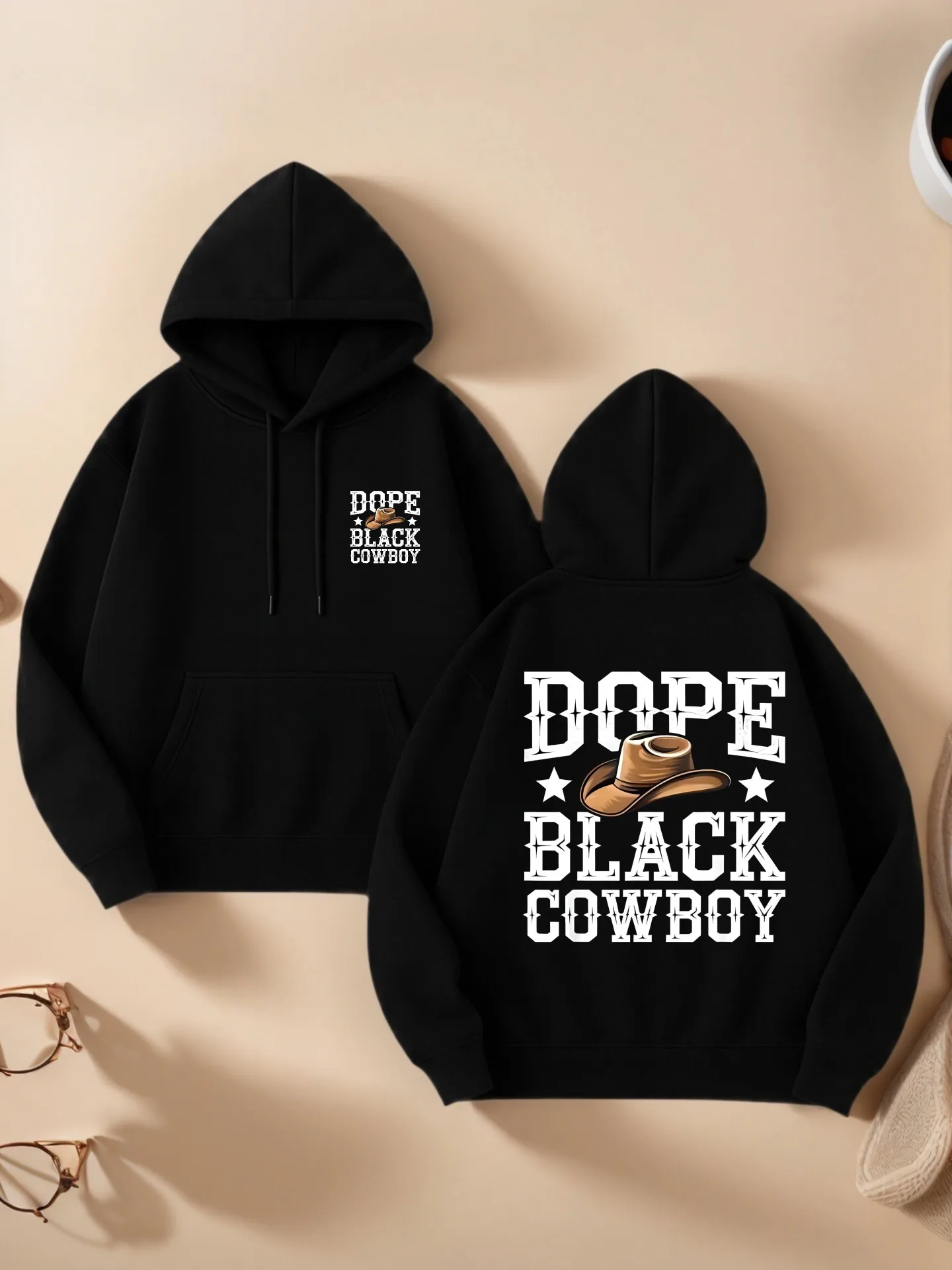 

Dope Black Cowboy Letter Print Graphic Hoodie Women, Streetwear Aesthetic, Fleece Lined, Casual Everyday Wear for Young Men