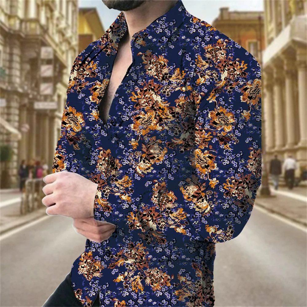 New Luxury Pelis Floral Shirts For Men 3d Printed Lapel Long Sleeved Shirts Y2k Vintage Casual Slim Clothes Tops With Button