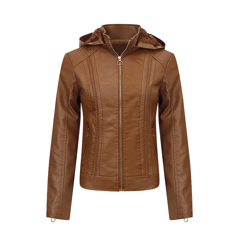 Maidangdi women\'s leather jacket plush leather jacket with hat slim fit leather jacket large size fashionable
