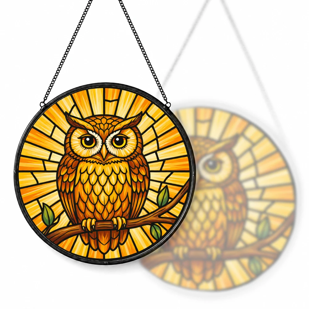 Stained Glass Suncatcher Round Tropical Sunset Beach Palm Tree Hibiscus Flower Window Hanging Decor Home Garden Gift