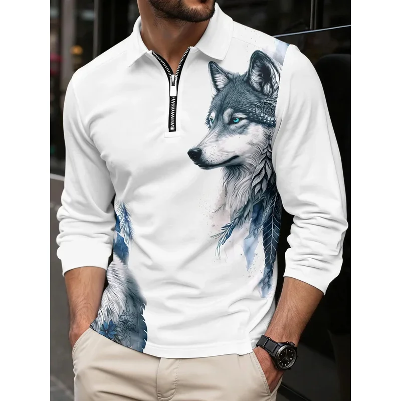 Wolf Moon 3D printed long-sleeved polo shirt Casual T-shirt