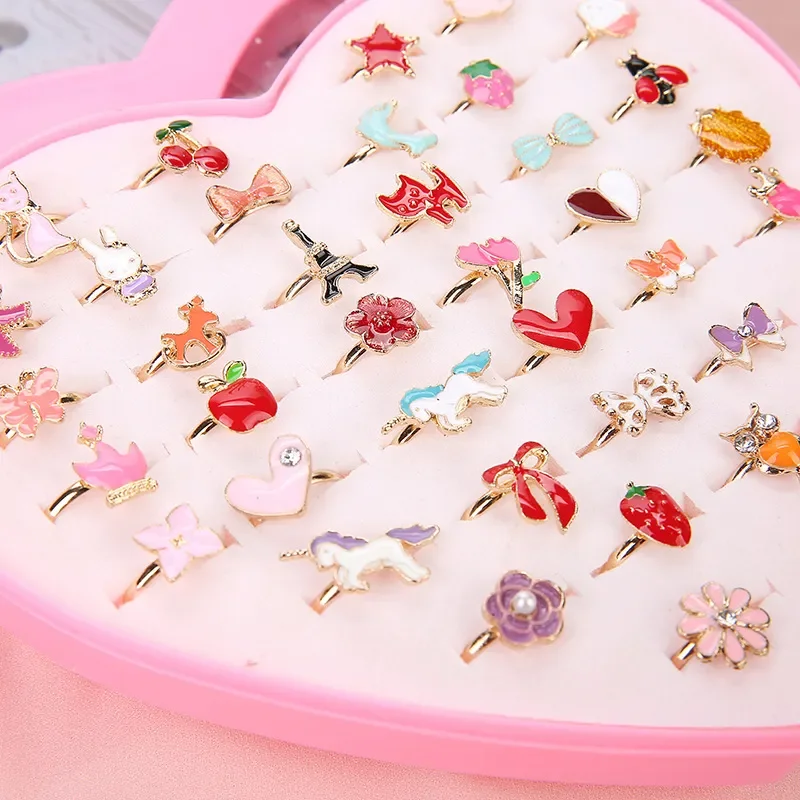 12/36 Pcs Adjustable Alloy Baby Girl Rings with Heart Shaped Box Cartoon Mix Finger Jewellery Rings Kid Girls Toys Random Color