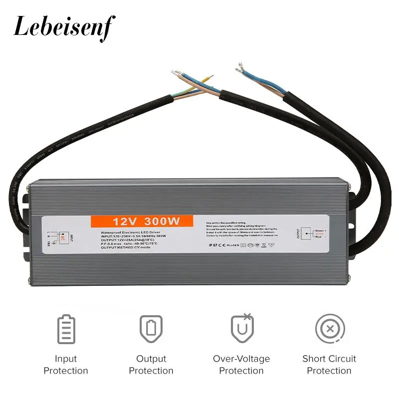 

Lighting Transformer 170-250V AC to DC 12V 300W 25A LED Driver Adapter Aluminum Outdoor IP67 Waterproof Switching Power Supply