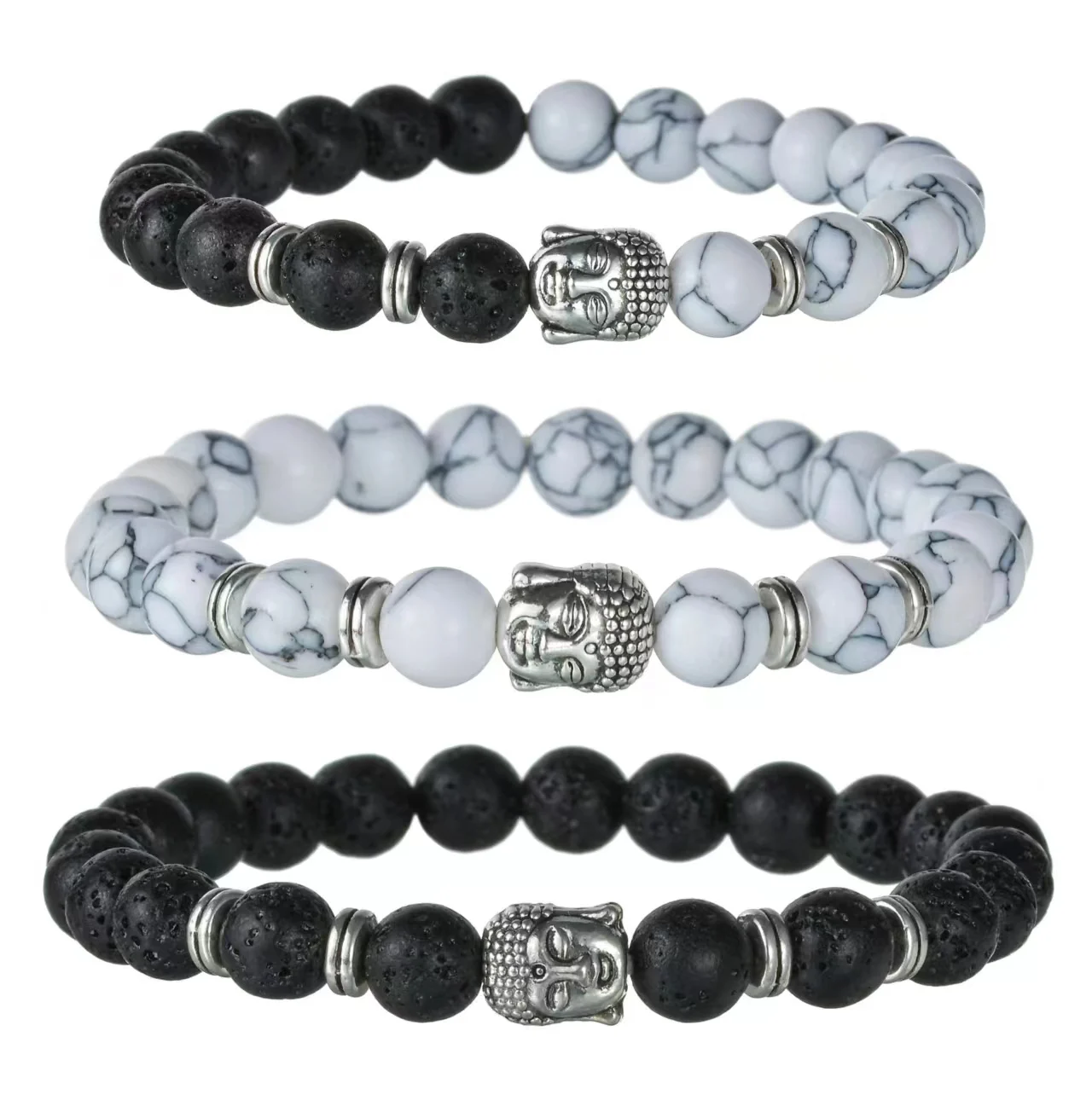 MeMolissa 8MM High Quality Natural Stone Bracelets Beads Black Lava Rock Stone White Stretch Buddha Strand Bracelet Men Jewelry