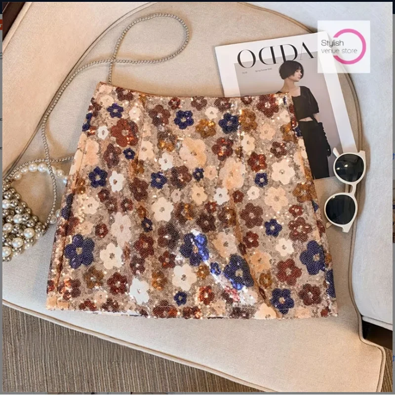 French heavy industry silver sequined flower skirt female fashion Western-style high-end waist slim summer temperament skirt.