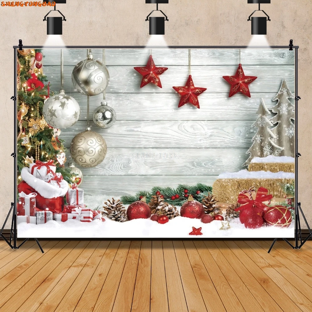 크리스마스 나무 널판지 보드 배경, 사진 꽃 화환, 새해 파티 장난감, 아기 포토존 초상화 사진 배경