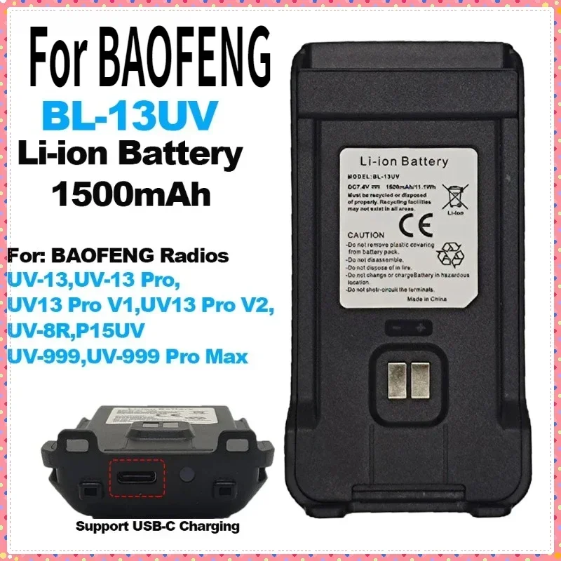 SWZY For BAOFENG Walkie Talkie Battery BL-13UV 1500mAh DC7.4V for BF-UV13 UV-13Pro UV5R P15UV Two Way Radios Support Type-C Char