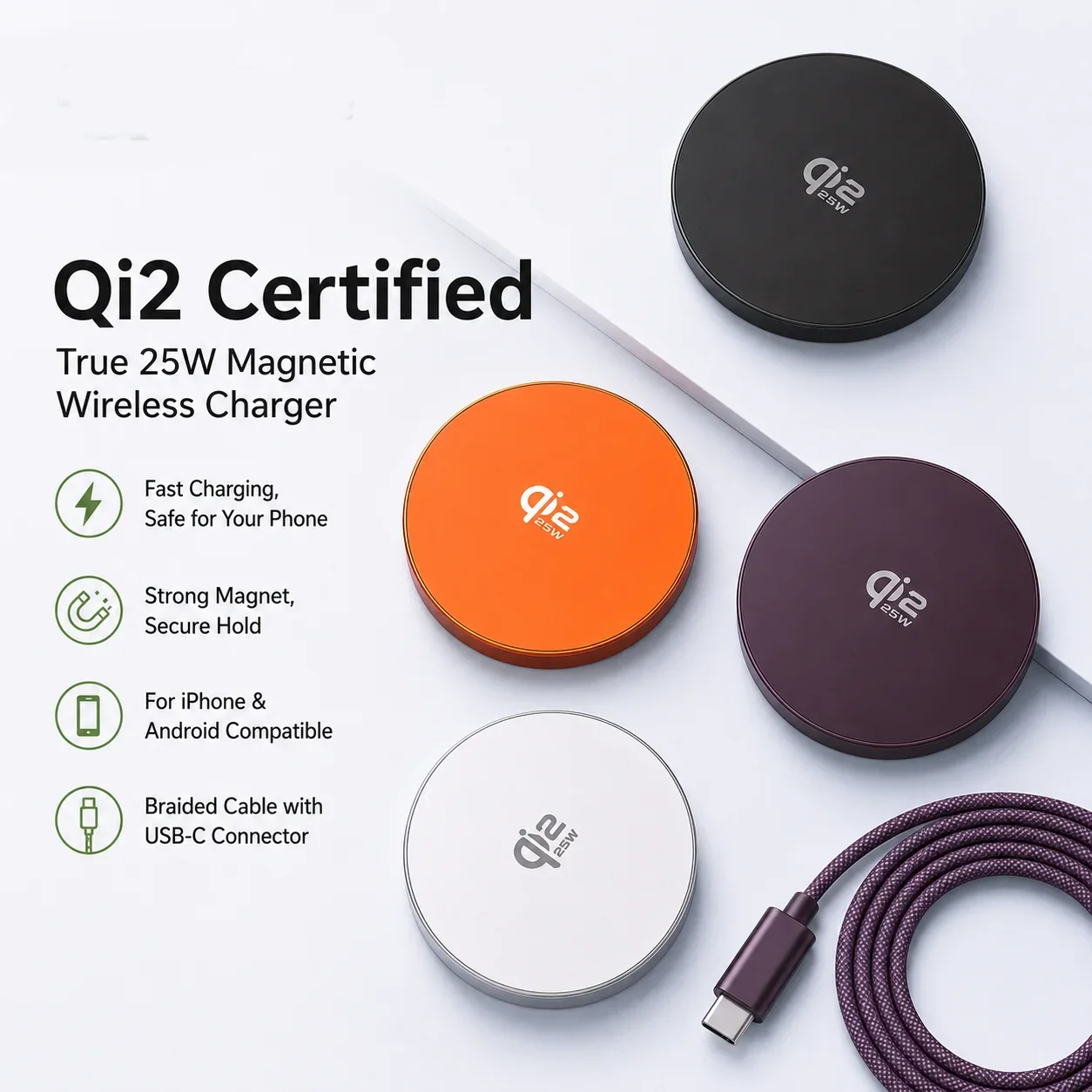 Qi2.2 Wireless Chargers 25W Magnetic Induction Fast Charging For Macsafe IPhone17 16 15 ProMax‌ 5W Airpods Series Xiaomi Samsung