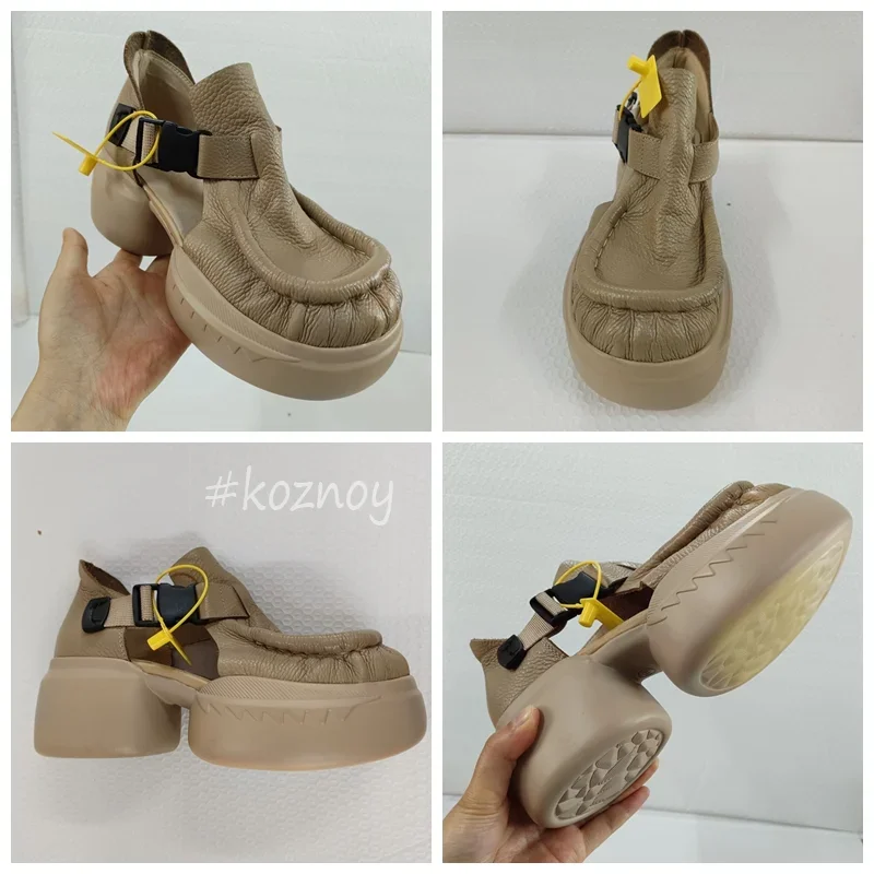 Koznoy Women Sandals Summer 2024 Natural 6.5cm Cow Genuine Leather Buttoned Thick Soled Moccasin Bao Toe Platform Wedges Shoes