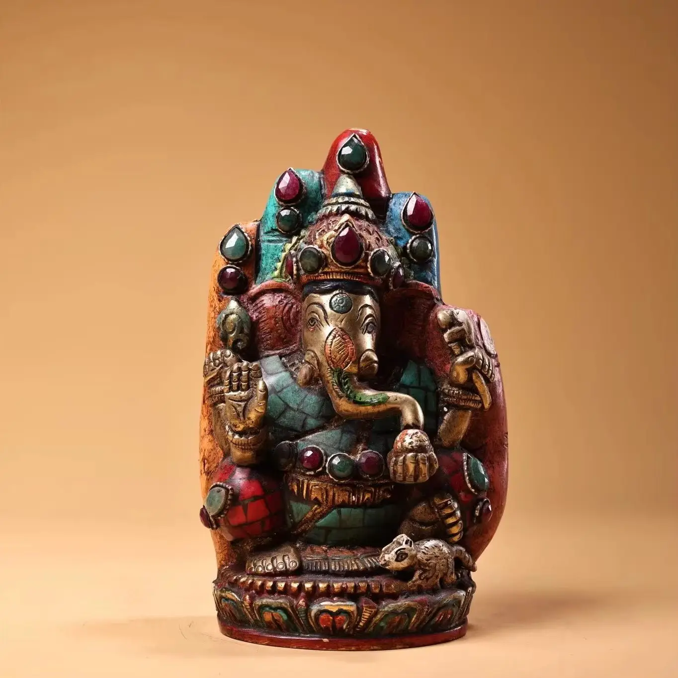 

6"Tibetan Temple Collection Old Bronze Painted Outline in gold Mosaic Gem Bergamot Ganesha Buddha Hand Buddha Worship hall
