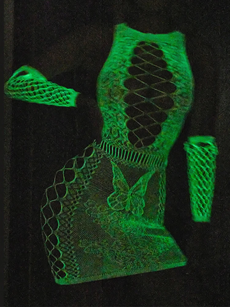 Mini robes moulantes en résille avec gants, ultra mince, brillant dans le noir, motif papillon, découpe, brillant, léger, sexy