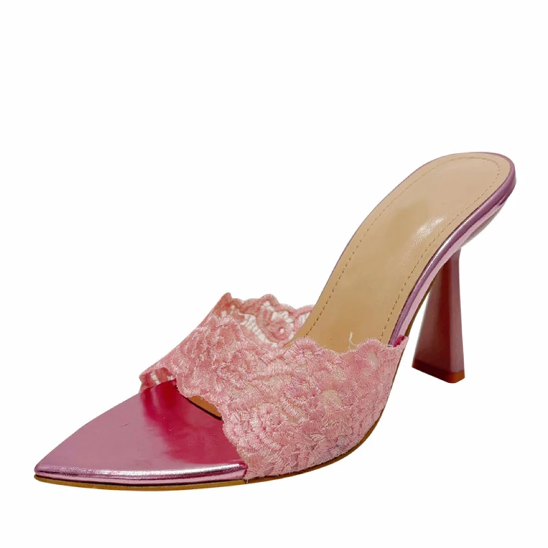 Liyke High Quality Handwork Embroidery Hemp Women Slippers Sandals Sexy Pointed Toe Gold Heels Mules Summer Party Slides Shoes image 6