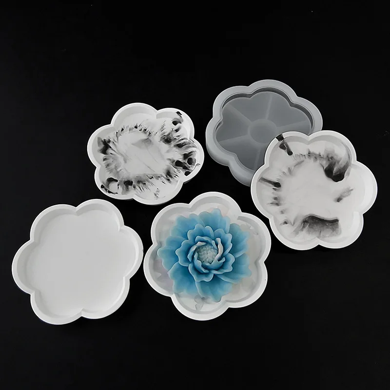 DIY Epoxy Resin Plaster Round Plate Silicone Mold Plum Blossom Shaped Tray Candle Holder Storage Tray Gypsum Cement Mould