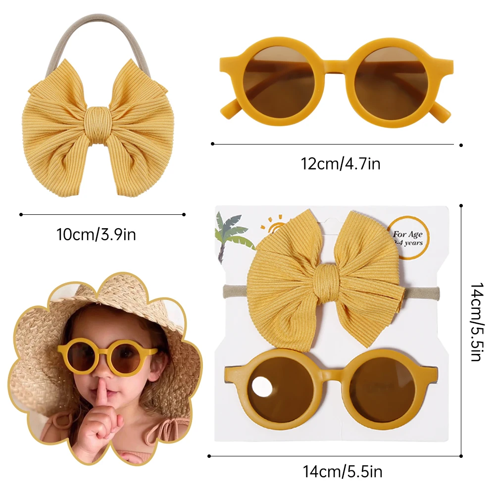 2Pcs/Pack Headband With Round Sunglasses Set For Children Baby Vintage Bows Summer Glasses Kids Hair Accessories