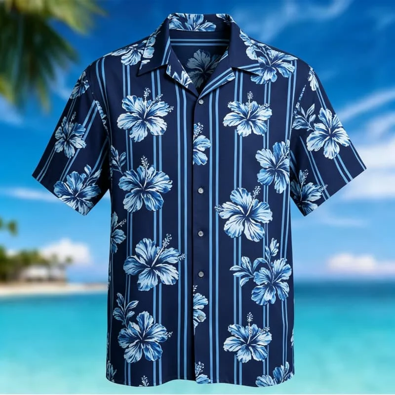 

Men's Striped Tropical Floral Printed Short Sleeved shirt, For Warm Vacation With A Natural And Energetic Style Casual Top