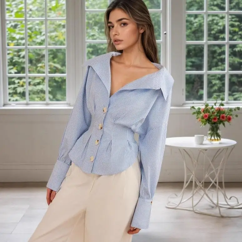 Ele Long Sve irt con pliegues Cintura Cinch Bubble Sve Cuello vuelto Rayado Faion Top versátil para mujer