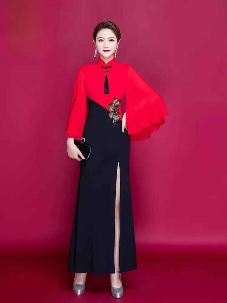 

Aumanlin 2026 Новое улучшенное сценическое платье для похудения, длинная версия, из шенилла, с высоким разрезом, дышащее