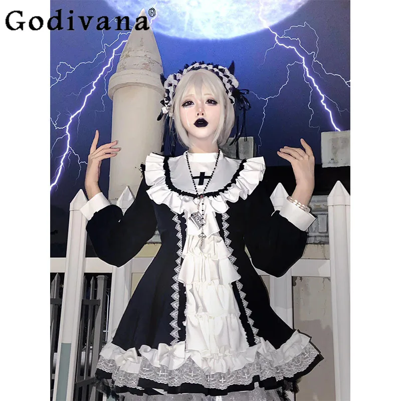 Halloween estilo gótico lolita vestido curto feminino preto lolita bonito inchado vestido de princesa feminino japonês cosplay vestido de empregada