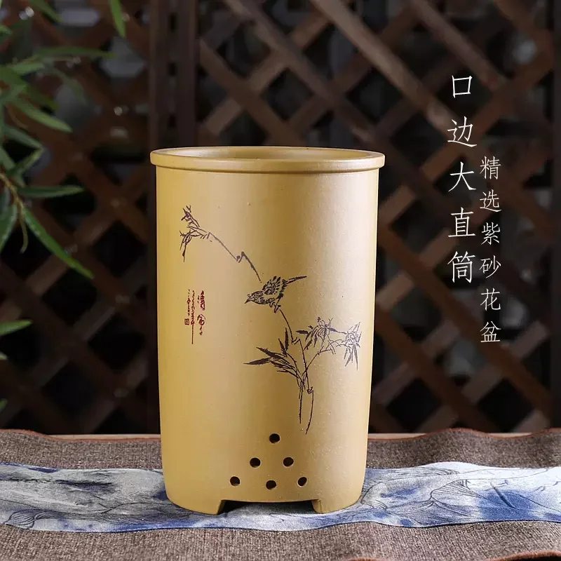 yesCeramic Handmade Carved Cylindrical Bonsai Pot,Sparrow Bird Pattern,Pottery Vase, Chinese Traditional Garden Decoration