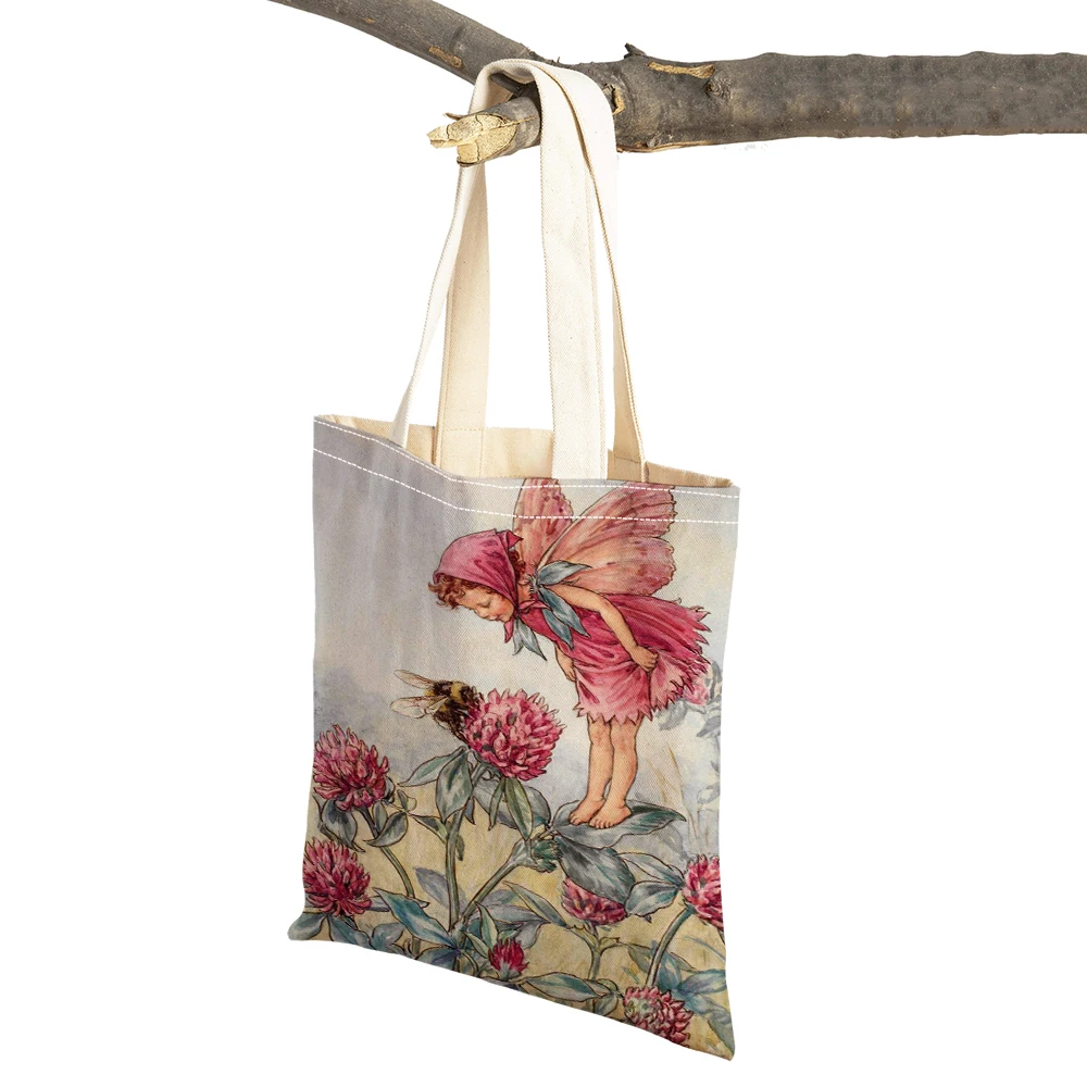 

Cartoon Fairy World Elf Handbag Lady Shopping Bag Double Print Cloth Women Shopper Bags Canvas Flower Girl Tote Children Gift