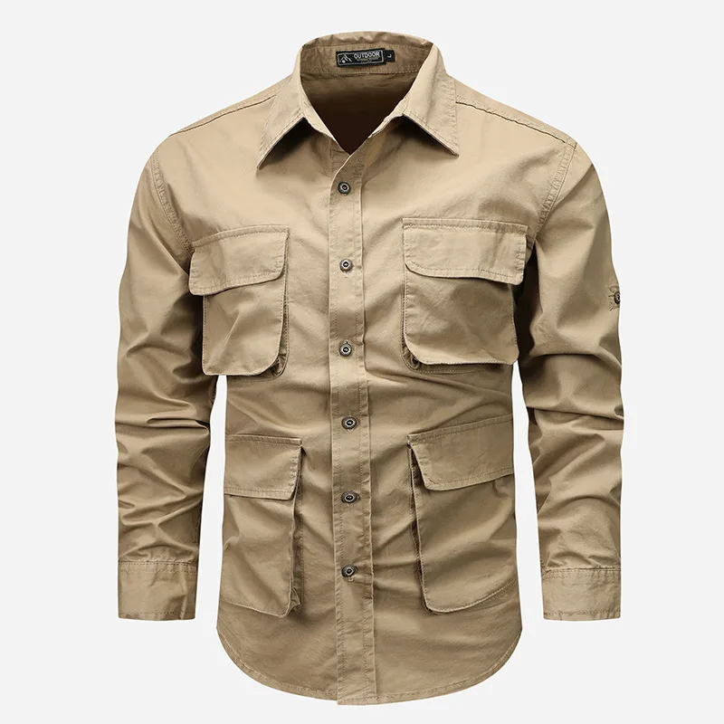 Men Long Sleeved Multi Pockets Cargo Shirts High Quality Man Outdoor Loose Tooling Shirts New Spring Male Cotton Shirts Size 5XL