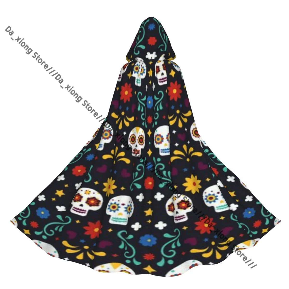 

Dia De Los Muertos Pattern With Skulls And Flowers Mexican Witch Cloak Hooded Cosplay Costume Halloween Adult Long Party Cape
