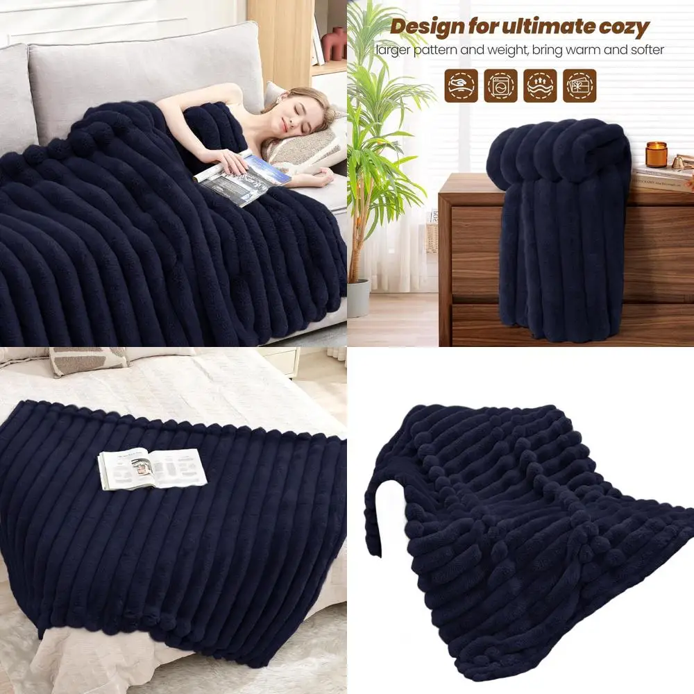 

Navy Blue Plush Striped Faux Fur Throw Blanket, 60x80 Inches, Ideal for Sofa and Bedroom Comfort
