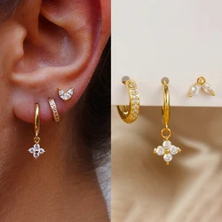 Juego de pendientes colgantes de circonita verde para mujer, aretes colgantes de flores de acero inoxidable, Piercing para cartílago, joyería exquisita, 3 piezas