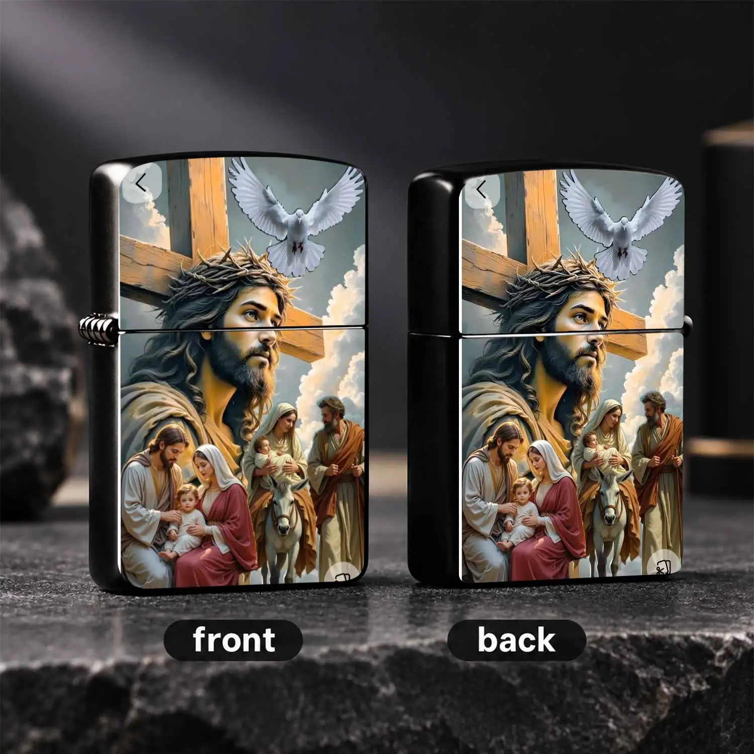 Retro Windproof Lighter, Christian Themed Printed Lighter, Jesus Portrait with Crown of Thorns and Holy Cross Dove Pattern, Multiple Holy Family Blessing Scenes Printing, Ideal for Daily Use, Gifting and Collection, Religious Faith Themed