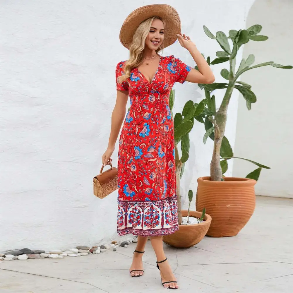 

Loose Fit Dress Bohemian Print V Neck Summer Dress with Retro Vibes Flattering Waistline Mid-calf Length Patchwork Hem for Women