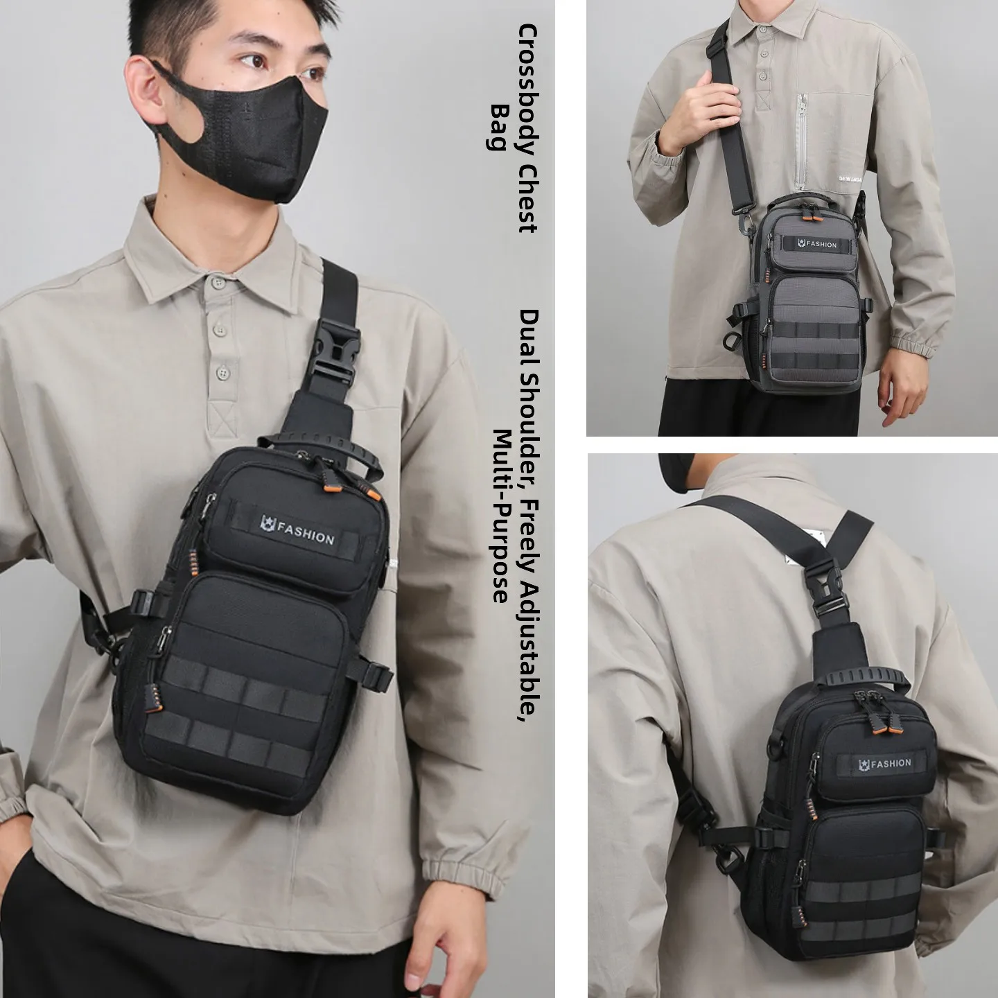 Men's Oxford Cloth Crossbody Bag Double Shoulder Outdoor Sports Hiking Travel Mountain Climbing Chest Bag Multi-Functional