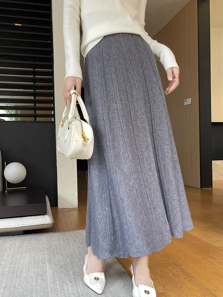 Knitted High-Waisted Half Length Skirt for Women Autumn/Winter Lady A-line Umbrella skirt Female Fashion Jacquard Pleated Skirt