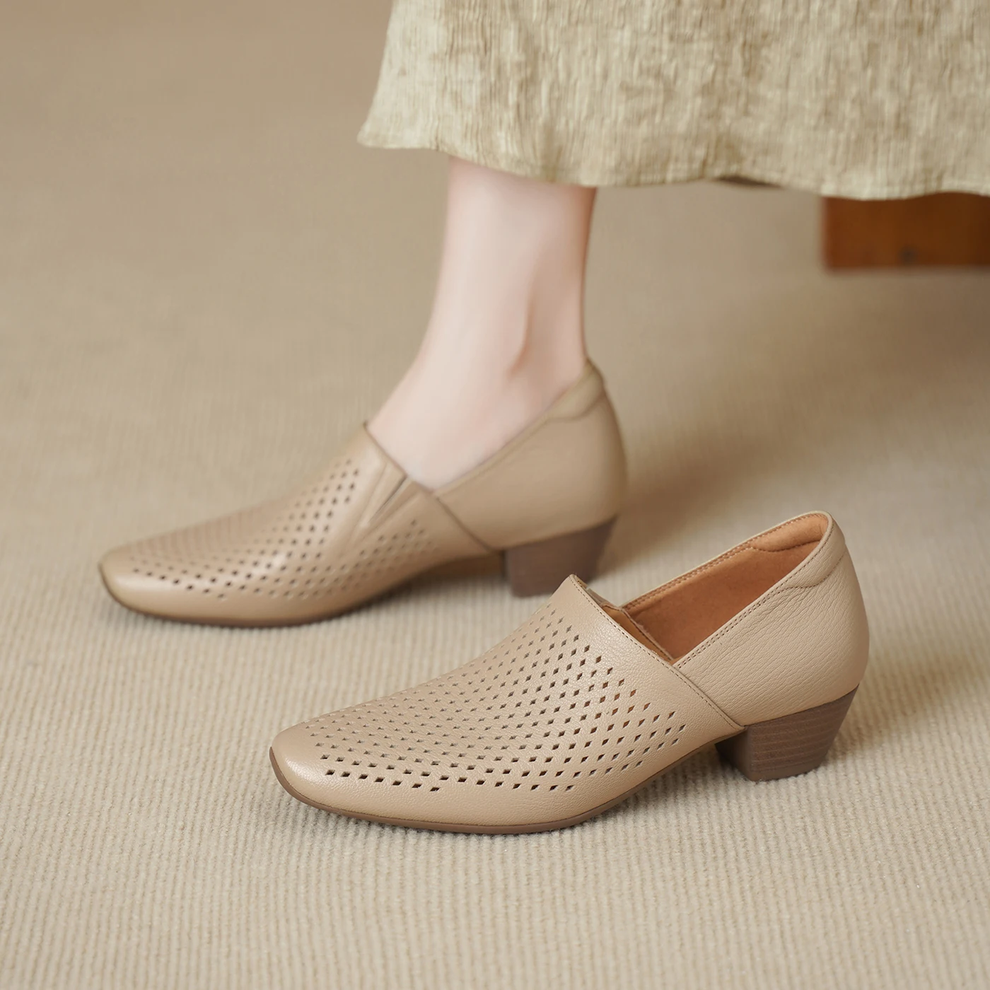 2026new summer women sandals natural leather 22-25cm soft sheepskin+cowhide round toe hollow thick heel women shoes fashion