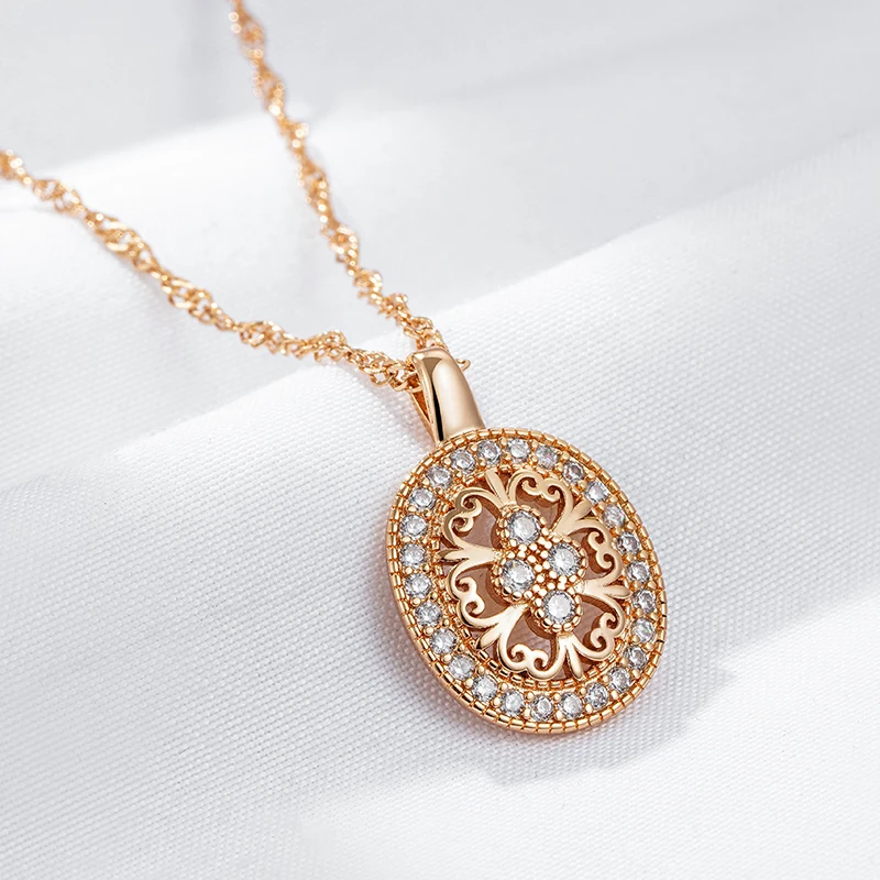 Wbmqda Ethnic Pattern Hollow Pendant And Necklace For Women 585 Rose Gold Color With White Natural Zircon Fine Luxury Jewelry