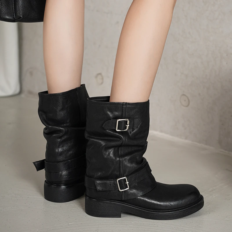 Handmade Quality Retro Round Toe Belt Buckle Thick Heel Stacking Ankle Boots Leisure Natural Genuine Leather Motorcycle Booties
