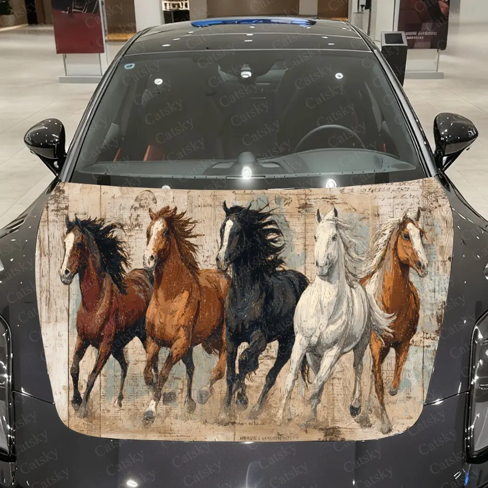 

Horse Herd PVC Car Hood Wraps, Self-Adhesive Waterproof Car Bonnet Decal Sticker, Car Decoration Protection Stickers for Trucks,