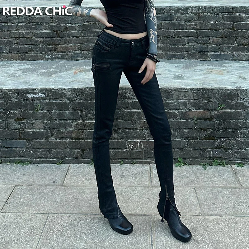 

Джинсы ReddaChic в стиле панк для женщин: черные, облегающие, сексуальные, винтажные, прямые, с низкой талией, эластичные, с молниями на манжетах, джинсовые брюки, байкерские, уличный стиль