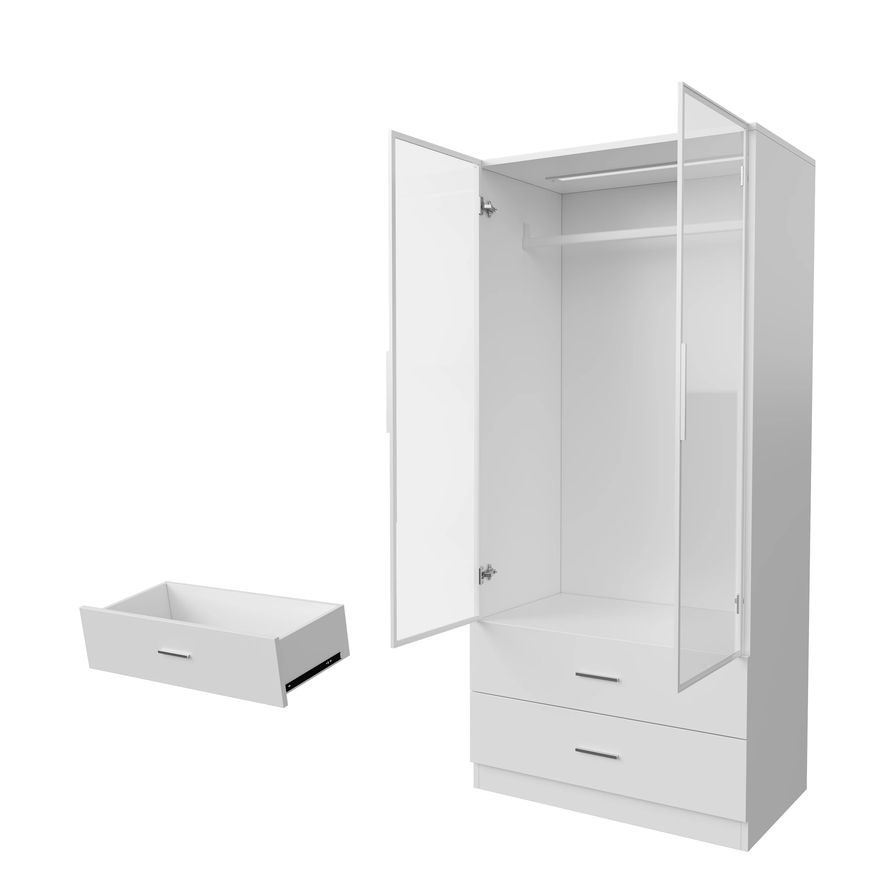 Rosahqnda Garderobekast met hangrail, sensorlamp, 2-deurs kledingkast met 2 laden, voor slaapkamerkleedkamer, deur van gehard glas