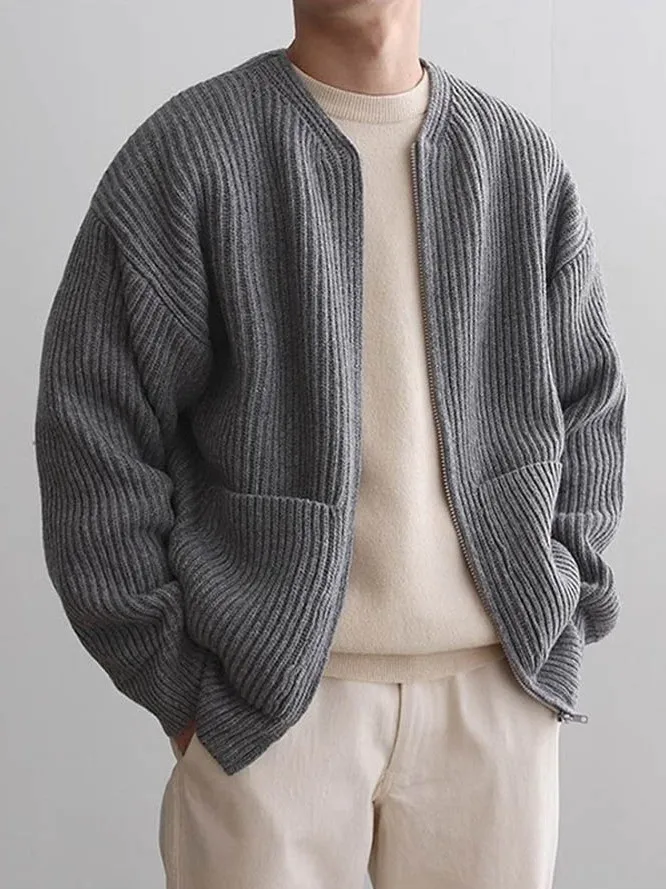 

Мужской вязаный шерстяной кардиган на молнии с длинными рукавами и круглым вырезом, мягкий, дышащий, повседневный зимний пуловер-куртка с большими карманами