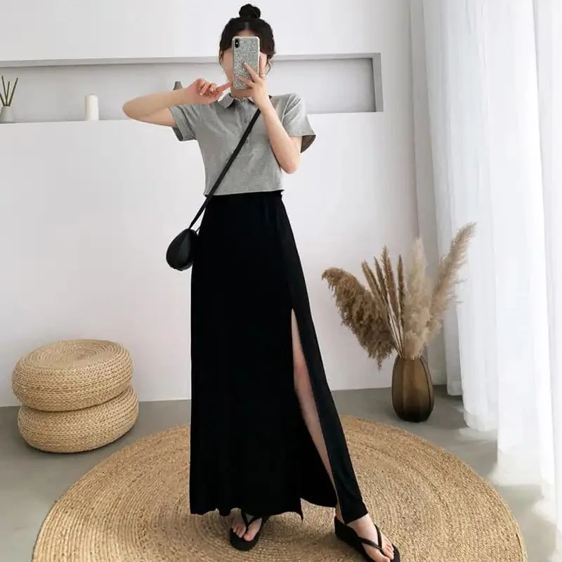 

plus Size High Waist Long Casual Pure Color Slit Sexy Maxi Skirt Women's Spring Summer Korean Style A-Line Skirt
