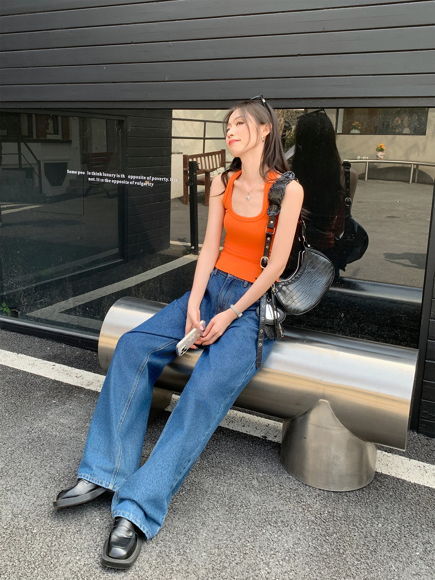 

Nuomici High Waist Straight Leg Loose Fit Casual Blue Jeans Women's Spring Fashion Cotton Denim High Waist Zipper Pure Color