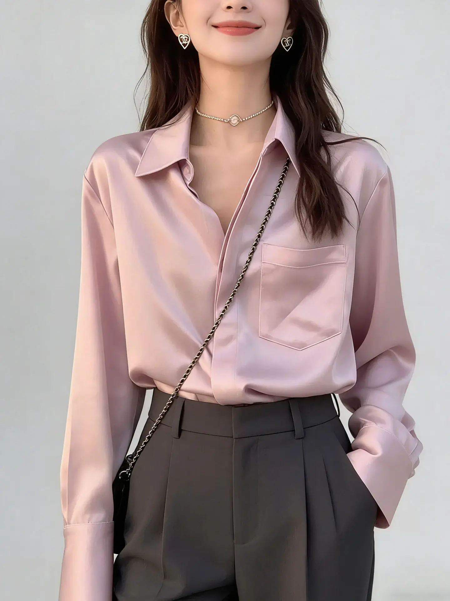 

Acetate Satin Women's Shirt Fashionable Maturity Style Long Sleeve Collarless Korean Version Office Commute Spring Autumn New...