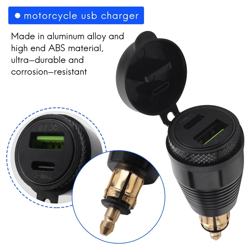 Motorcycle DIN Plug Waterproof Charger To QC3.0 USB Charger & Type C 30W Power Delivery Adapter Socket